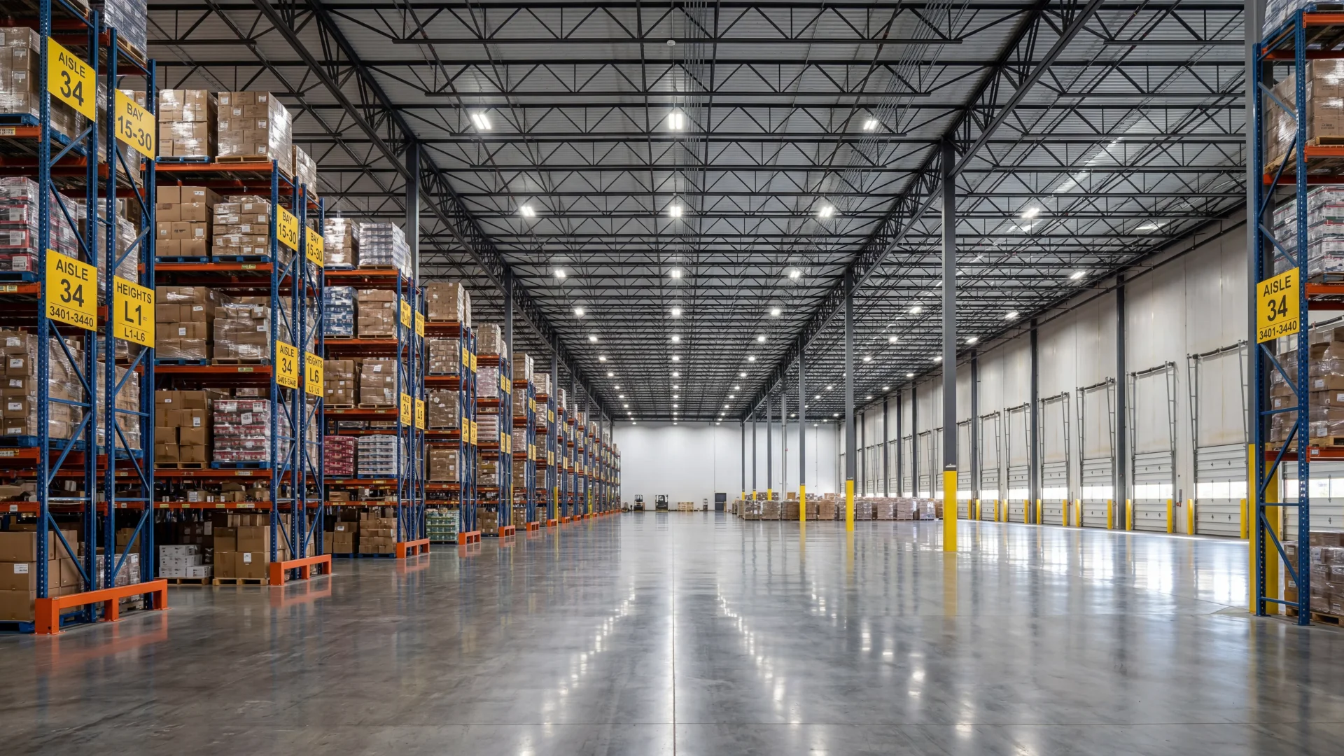 Chesapeake VA warehouse loading dock with pallet racking and Hampton Roads harbor in background