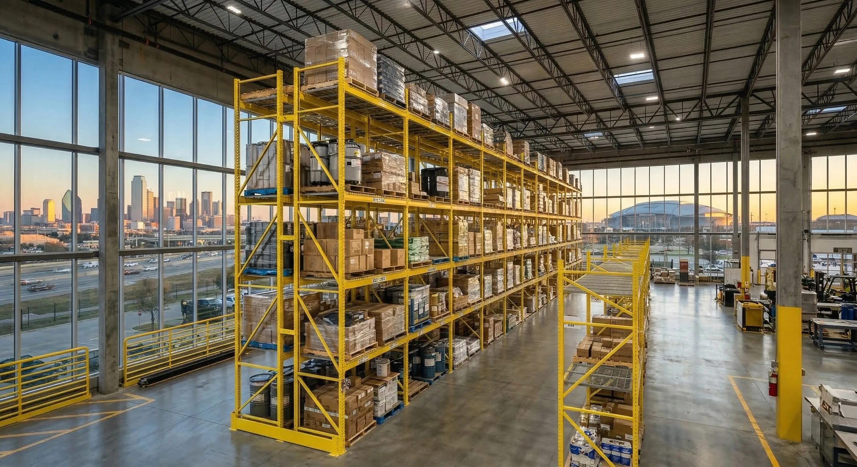 Yellow pallet racking system loaded with inventory in a Richmond VA warehouse with city skyline view