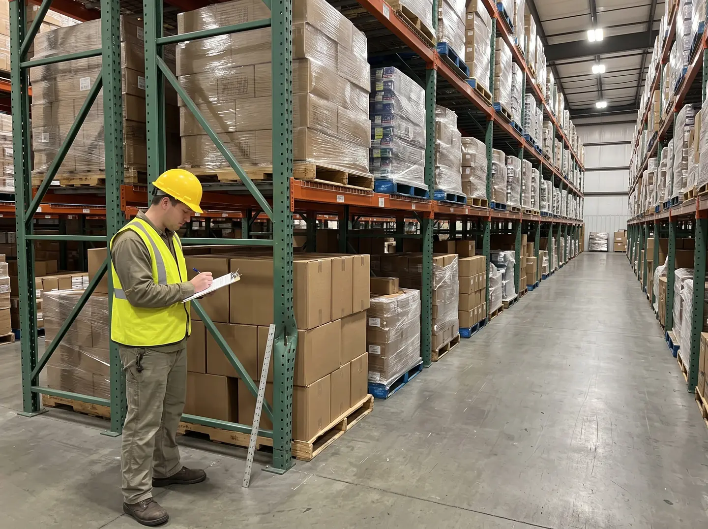 Rack inspector documenting upright damage during a pallet racking inspection in a Chesapeake VA warehouse